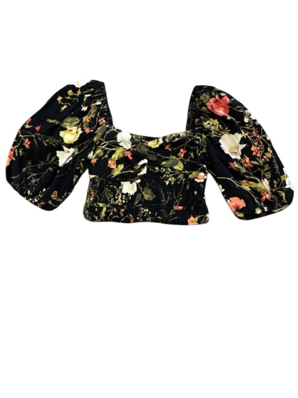 H&M Black Floral Puff-Sleeve Cropped Top Rouging Back Size Small